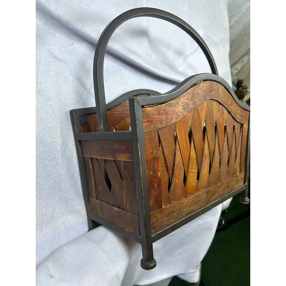 Rustic Wood & Metal Magazine Rack Holder Basket Woven Slat Farmhouse Organizer